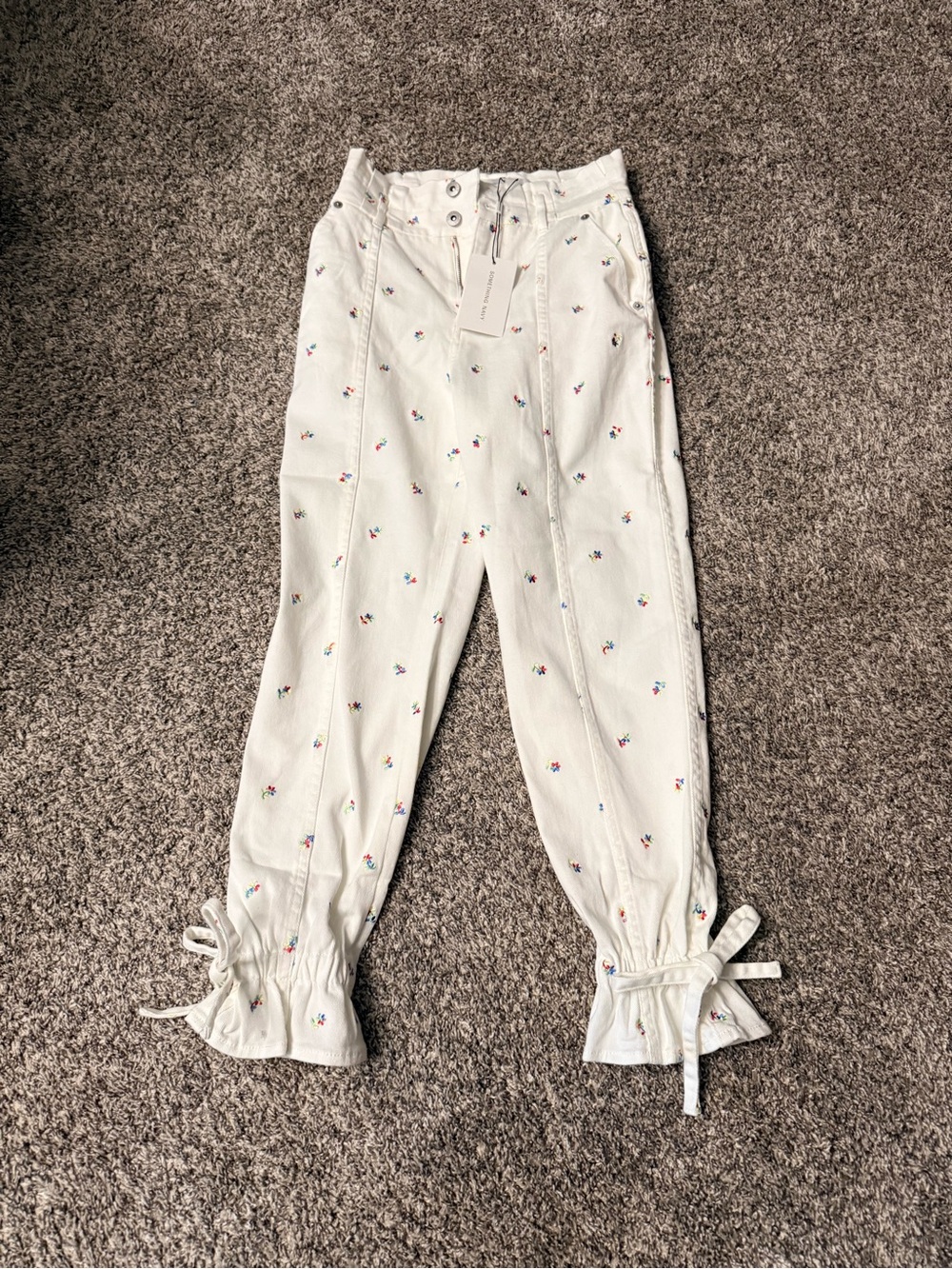 White Floral Embroidered Drawstring Hem Denim Pants